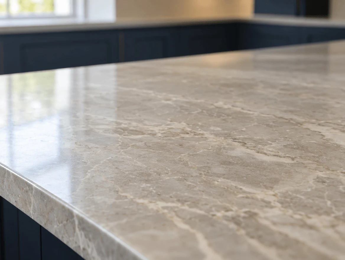 Polished stone kitchen worktop with soft grey veining and navy cabinets