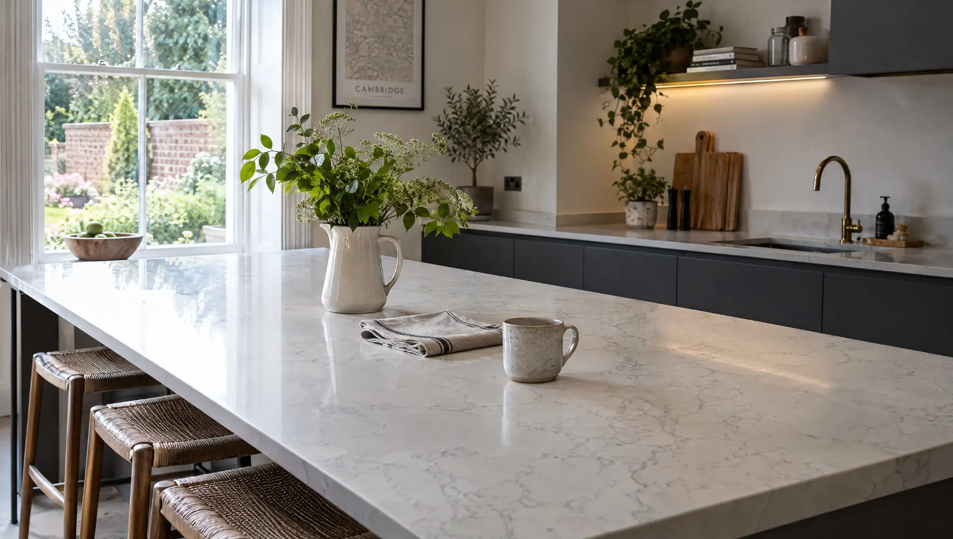 Bright kitchen with a pale quartz worktop island, tap and sink in view