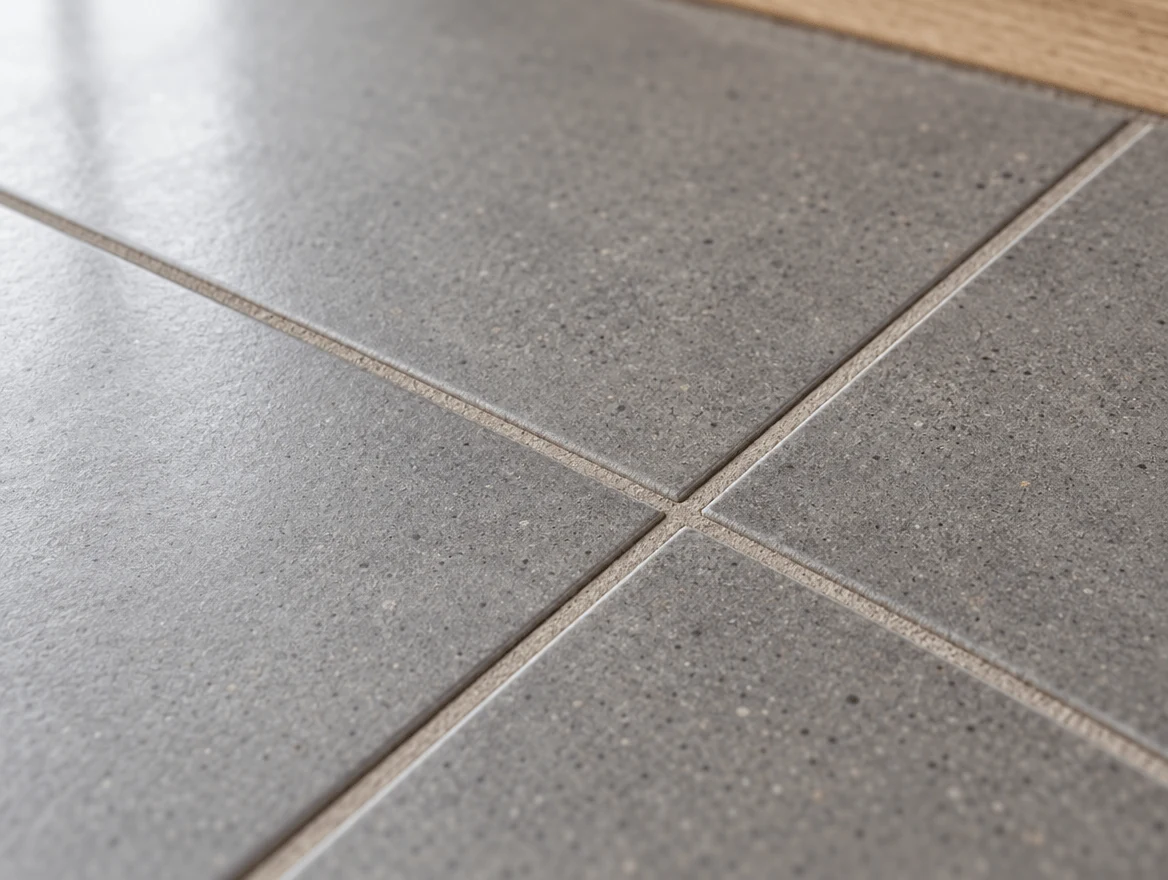 Slate-grey speckled floor tiles with cream grout lines and an oak trim along the top edge