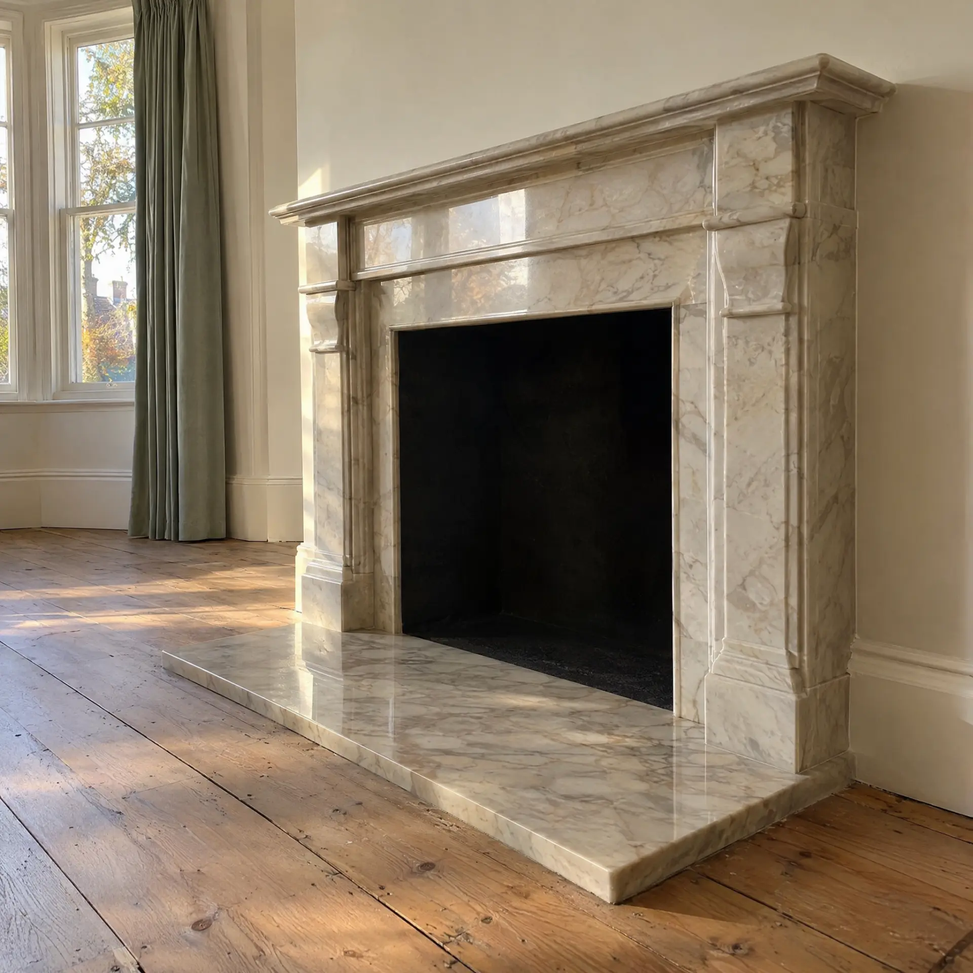 Restored marble fireplace surround with matching hearth in a period living room