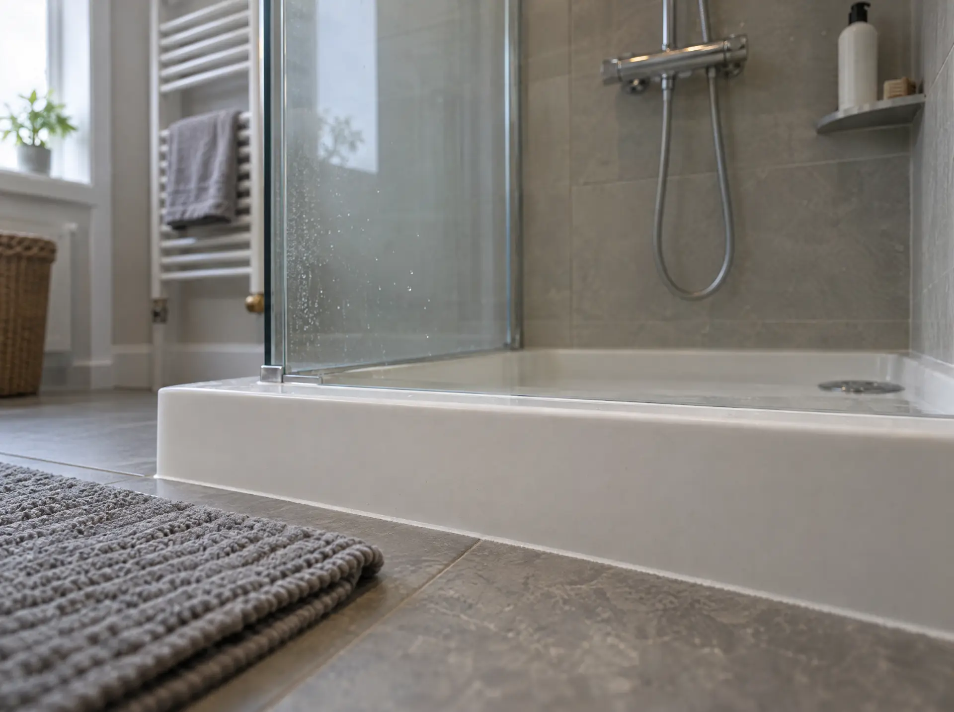 Modern bathroom with a white walk-in shower tray, grey tiled floor and glass screen