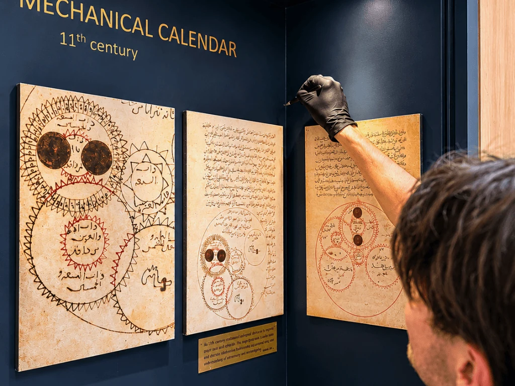 Surface Artists specialist restoring a dark exhibition display beside mechanical calendar manuscripts
