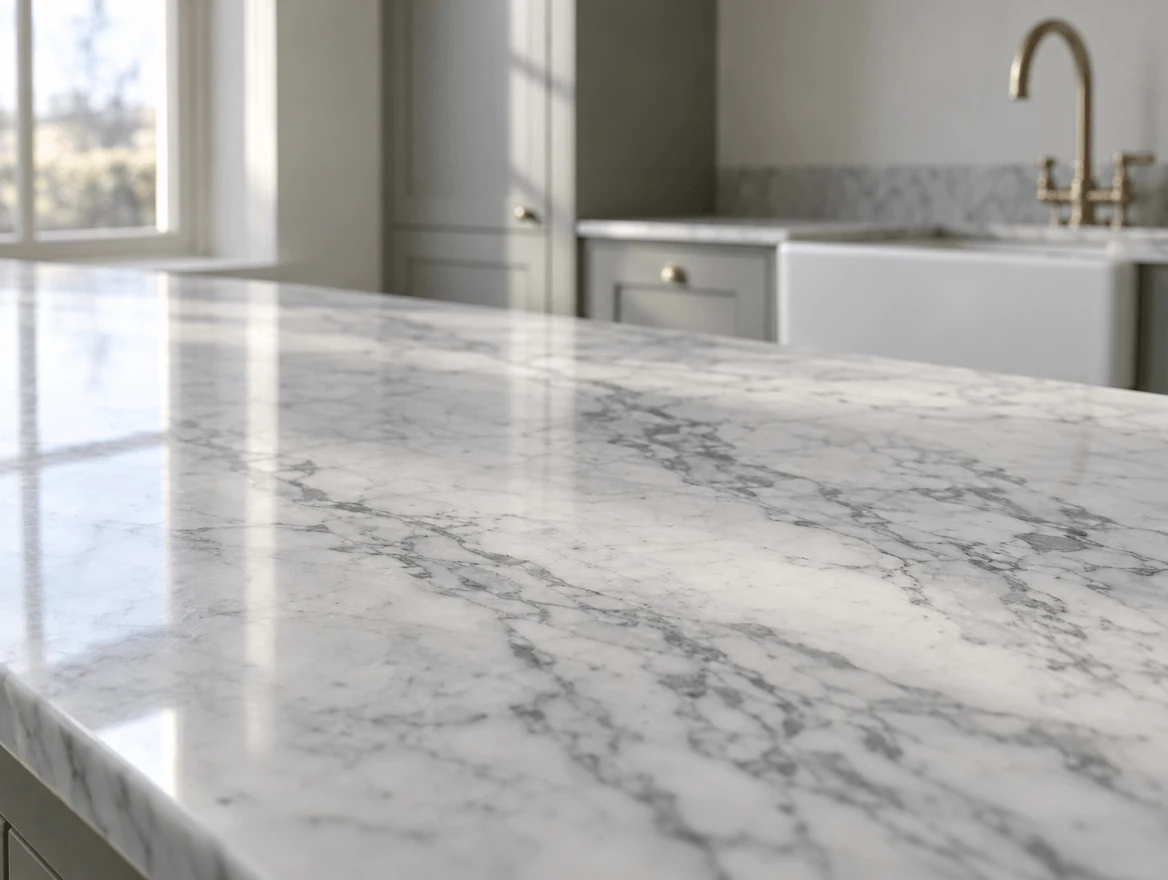 Polished white marble worktop with grey veining in a kitchen with grey-green cabinets, a brass bridge tap and a white farmhouse sink